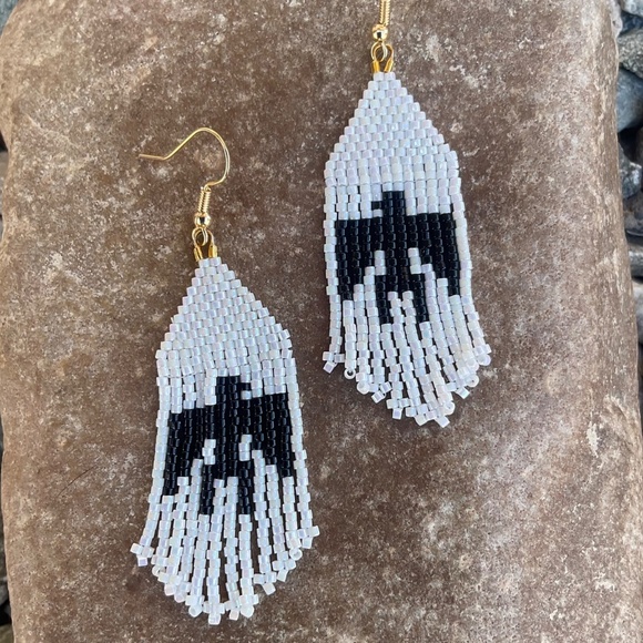 White and Black Thunderbirds Beaded Earrings with Fringe, New, Handmade by Me - Picture 4 of 5